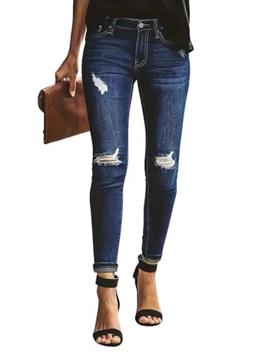 Image of Allimy Women's High Rise Skinny Stretch Ripped Jeans High Waisted Destroyed Denim Pants, Dark Blue-107, 4