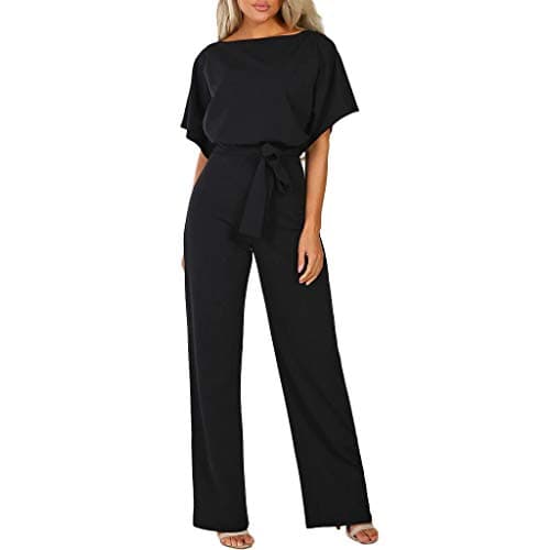 Image of HAOLEI Women's Jumpsuits & Playsuits UK Elegant Loose Fit Boat Neck Jumpsuit Ladies Dungarees Short Sleeve Romper Wide Leg Bib Overalls Clubwear Straight Trousers Pants Playsuit with Belt Party Black
