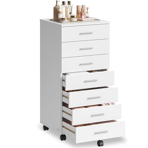 Image of VASAGLE Rolling Filing Cabinet, Pedestal File Cabinet with Wheels, Printer Stand with 7 Drawers, Tool-Free Sliding Rails, for Study, Home Office, Cloud White OFC085WB02