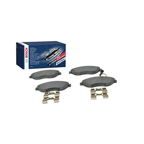 Image of Bosch BP1021 - Brake Pads Car Front Axle - Bosch Quality - Reduced Noise and Dust - ECE-R90 Certified - Copper-Free - 1 Set of 4 Pads - With Accessories