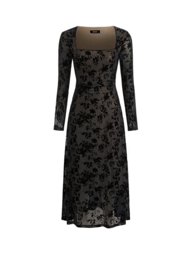 Image of CIDER Women's Midi Dress Floral Flocking Mesh Long Sleeve Square Neck tie Back Party Evening Dress, Black, M