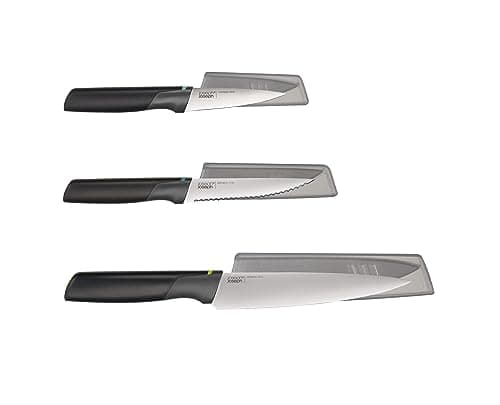 Image of Joseph Joseph Duo 3 Piece Elevate Knife Set, Japanese Stainless Steel Blades, Includes Paring, Serrated and Chef's Knife with Protective Sheath, Black/Opal