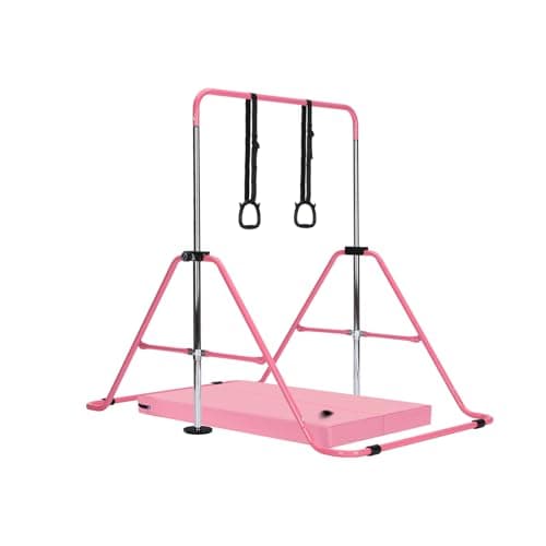Image of M.J COMFY-LIFE Kids Gymnastics Bar with Mat – Adjustable Easy Assembly Training Kip Bar Horizontal Bar for Home, Gymnastics Equipment for Kid 5-12 years (Pink)