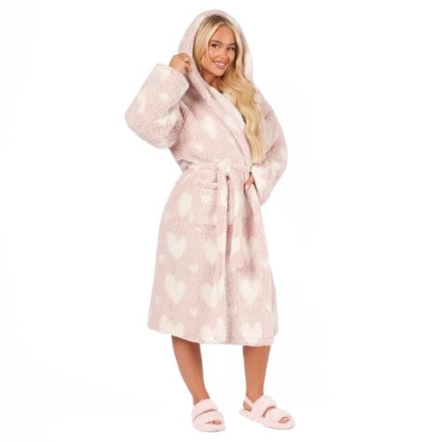 Image of OHS Dressing Gown Womens Teddy Marl Hearts Pink, Mothers Day Gifts Bathrobe with Hood & Pockets Soft Warm Comfy Luxury Oversized Ladies Dressing Gowns, One Size