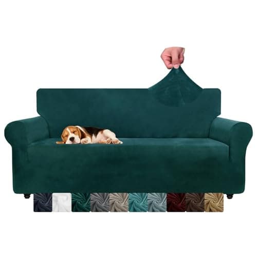 Image of CHELZEN Velvet Couch Covers 3 Seater Thick Stretch Sofa Covers for Dogs Pets Non-Slip Sofa Slipcover Washable Furniture Protector for Living Room (3 Seater, Blackish Green)