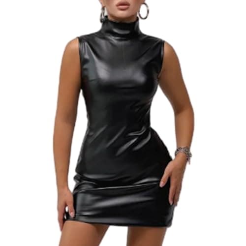 Image of Women's Faux Leather Dress, Mock Neck Sleeveless Bodycon Mini Tank Cocktail Dresses, Back Zipper Solid Night Out Pencil Skirt, Wet Look Slim Fit Hip Hugging Mini Dress for Party Club Rave Performance