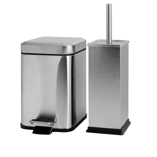 Image of Harbour Housewares Bathroom Bin & Brush Set - Brushed - 2pc Square Stainless Steel Pedal Bin & Toilet Brush Set Slim Small Trashcan for Kitchen Waste, Bathroom Rubbish