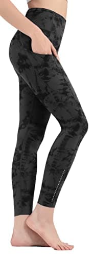 Image of Leovqn High Waist Gym Leggings for Women with Side Pockets Stretch Yoga Pants for Workout Running Sports-Grey Black Print Dye-XL