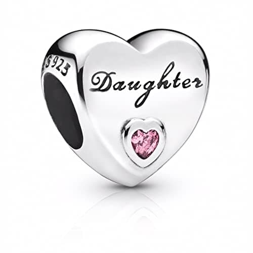 Image of S925 Sterling Silver Daughter Heart Charm fits Pandora Moments Bead Charms Bracelet Gift for Women (Pink)