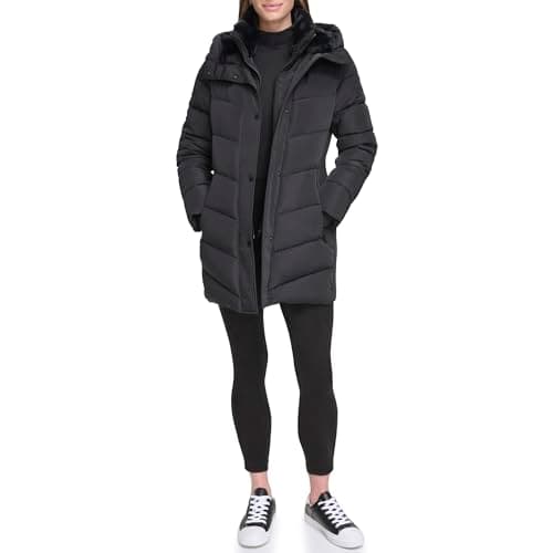 Image of Calvin Klein Women's Long Down Puffer Jacket Down Coat, Classic Black, XS