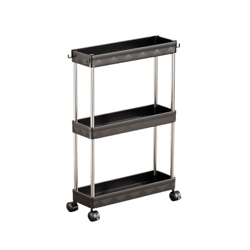 Image of Multibao 3 Tier Slim Slide Out Kitchen Trolley Rack Holder Storage Shelf Organiser with Wheels for Small Spaces Bathroom Kitchen Laundryroom Bedroom Space-Saving (Black 13cm*40cm*58m)