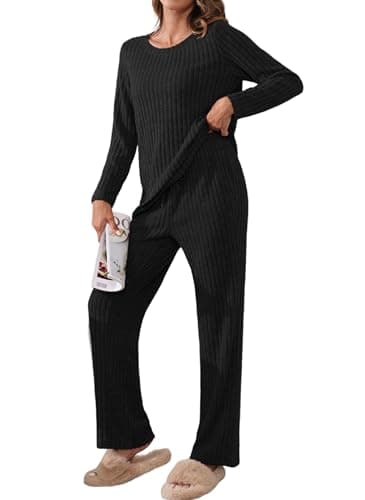 Image of TIANZHU Pajamas for Women UK Ribbed Nightwear Set Casual Homewear Suit Long Sleeve Top Wide Leg Pants with Pockets, Black, Size 12-14