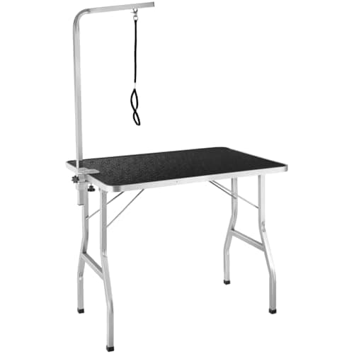 Image of tectake® Dog Grooming Table with Height-Adjustable Grooming Arm & 1 Rotatable Leash, Foldable Pet Grooming Table with Non-Slip Surface, Sturdy Frame & 60 kg Load Capacity for Dogs & Cats - Black/Grey