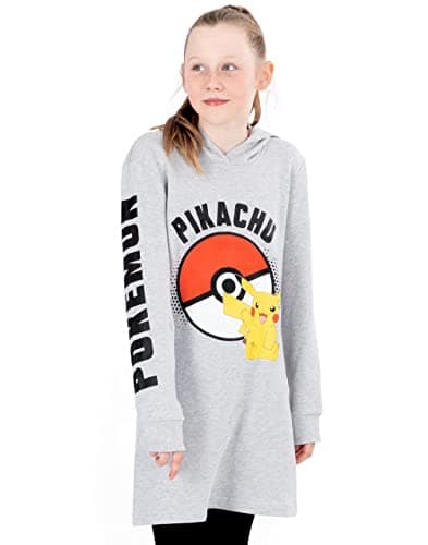 Image of Pokemon Hoodie Dress For Girls | Kids Game Pikachu Pokeball Grey Jumper Pullover Outfit | Clothing Gamer Merchandise 4-5 Years