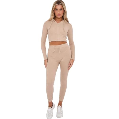 Image of janisramone® Women Activewear Set, Ribbed Cropped Zip up Hoodie Drawstring High Waisted Gym Leggings, 2 Pcs Co Ord Lounge Wear Sets for Women UK, Ladies Tracksuits, Stylish Gym Outfit