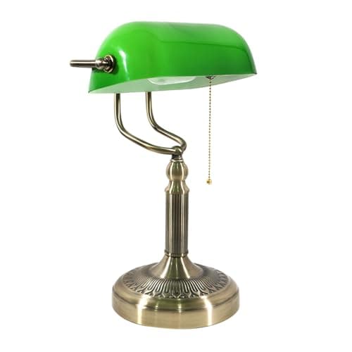 Image of Green Glass Banker Table Lamp - Classic Bronze Base Plug-in Retro Table Lamp Pull Chain Switch for Office Library Study Home Office Bedroom (Bulb Not Included) [Energy Class A]