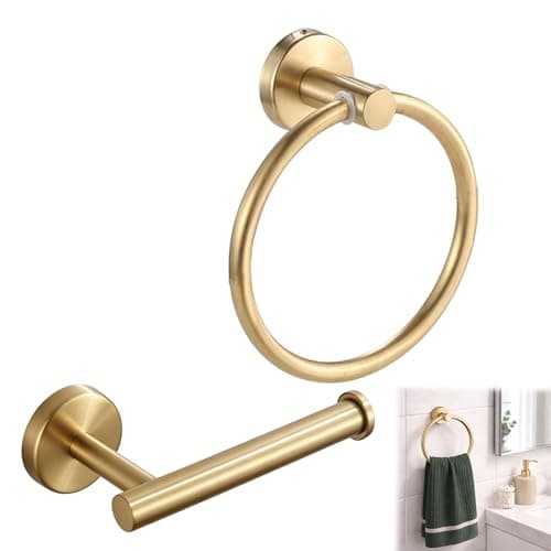 Image of 2PCS Toilet Roll Holder and Towel Ring Set Gold Bathroom Accessories Stainless Steel Gold Towel Holder Wall Mounted Toilet Paper Holder Towel Rail Brushed Brass Bathroom Hardware Accessories