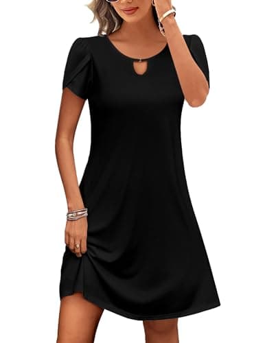 Image of Zeagoo Women's Summer Casual T Shirt Dress Solid Color A Line Mini Dresses Beach Wear Sundress Tunic Dress with Pockets Black M