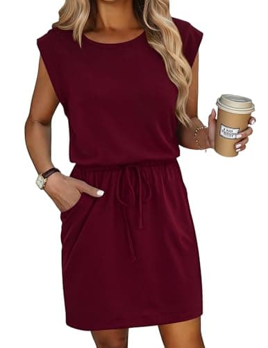 Image of HOTOUCH Dresses for Women Summer Sleeveless Dress Casual Crew Neck Drawstring Waist Dress Wine Red M