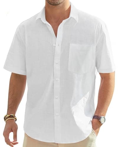 Image of J.VER Mens White Linen Shirts Short Sleeve Summer Lightweight Cotton Regular Fit Casual Holiiday Beach Button Down Shirt with Pocket XXL