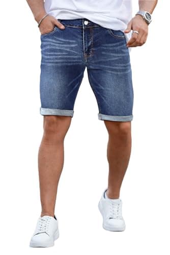Image of GINGTTO Mens Shorts Stretch Denim Slim Fit Jeans Summer Half Trousers Smart Pants for Men Blue 34