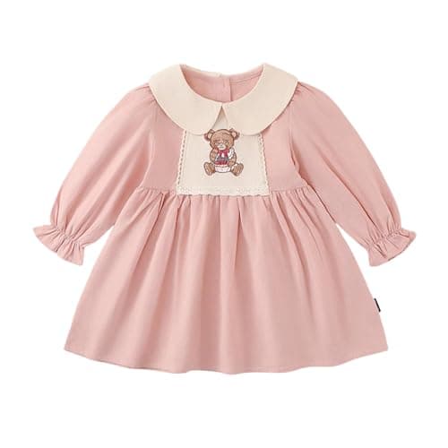 Image of Mud Kingdom Toddler Girls’ Dresses Lace Trimed Peter Pan Collar Dress for Girl Teddy Bear Embroidery Pink 3 Years