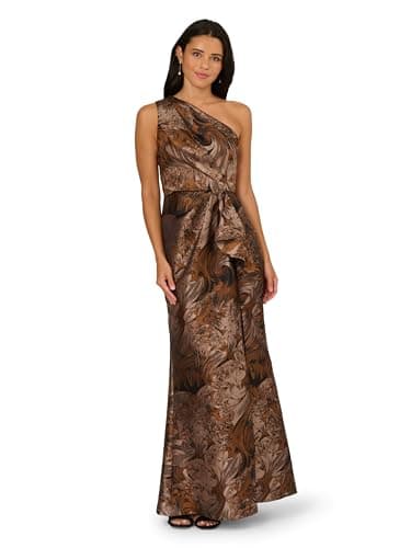 Image of Adrianna Papell Women's One Shoulder Jacquard Gown, Copper/Chocolate, 18