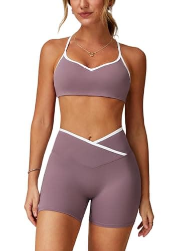 Image of ABOCIW Workout Sets for Women 2 Piece Color Block Strappy Sports Bra Crossover High Waist Shorts Gym Yoga Pilates Outfits, Taro Purple, Large