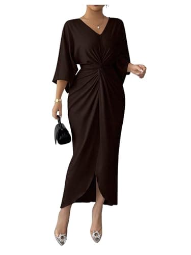 Image of GORGLITTER Women's Elegant Formal Dresses Twist Front Ruched V Neck 3/4 Sleeve Pencil Evening Midi Dress Coffee Brown Small