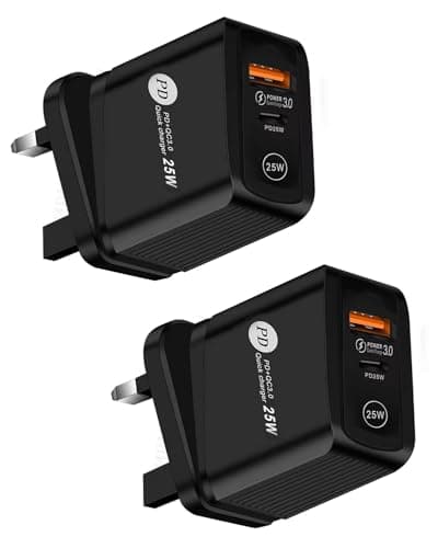 Image of 25W USB C Fast Charger UK Plug, PD Charger with USB A and Type C Ports, Fast Charging Power Adapter AC100-240V for Type C Phones Tablets and USB Devices Home Office Travel Use