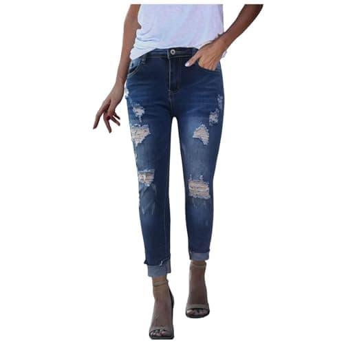 Image of Womens Ripped Jeans Skinny Stretch Trouser with Pockets Ladies Distressed Denim Jeggings Butt Lifting Stylish Full Length Ankle Jean Trousers Daily Casual Summer Leggings Slim Fit for (Blue, XXL)