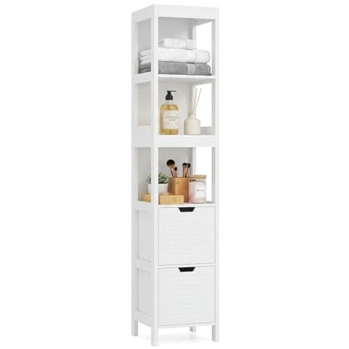 Image of COSTWAY Bathroom Tall Cabinet, Floor Standing Organiser Cupboard with 2 Drawers and 3 Open Compartments, Home Living Room Hallway High Storage Shelf Unit (White, 30 x 30 x 145cm)
