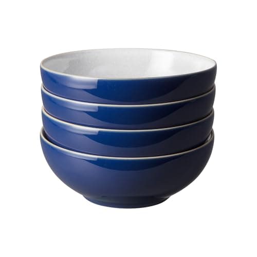Image of Denby - Elements Dark Blue Cereal Bowls Set of 4 - Dishwasher Microwave Safe Crockery 820ml 17cm - Navy Blue, White Ceramic Stoneware Tableware - Chip & Crack Resistant Soup Bowls