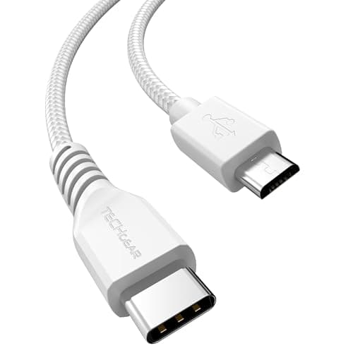 Image of TECHGEAR 2M Long USB C to Micro USB Cable Braided Fast Charge & Data Sync Lead (USB-C Host to Micro USB Device) for Samsung, Moto, Android Phones, PS4 Controller, Cameras, Tablets etc - White