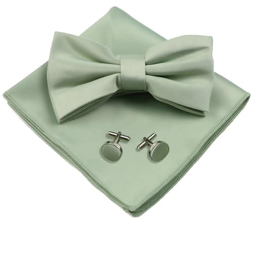Image of DIPZO Sage Green Pre-Tied Adjustable Bow Tie Set with Pocket Square and Cufflinks - Mens Tuxedo Formal Set