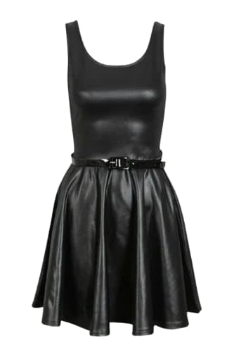 Image of STAR FASHION Ladies PVC Wet Look Plus Belted Flared Celebrity Sexy Skater Dress Top for Womens Black 16-18
