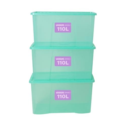 Image of Wham Plastic Storage Boxes With Lids 110 L Home Office Stackable Nestable Container Box, Easy fit Durable Protective Storage Box, 79.5 x 39.5 x 42 cm - Tint Spearmint (Set of 3)