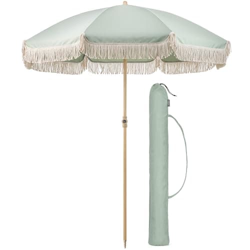 Image of CHRISTOW Portable Garden Parasol with Tilt, 2m Cotton Tassel Beach Umbrella, Outdoor Patio Sunshade, Tilting Canopy, Steel Pole with Wood Effect, UV50+ Sun Protection, Water Resistant, Bag (Sage)