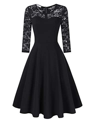 Image of KOJOOIN Women's Floral Lace Dress Round Neck Cocktail Party Dress Vintage Swing Dress Black-01 Long Sleeve M