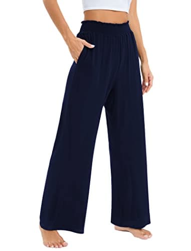 Image of Famulily High Waisted Lounge Pants Women Casual Pleated Loose Long Wide Leg Stretch Trousers Blue XXL