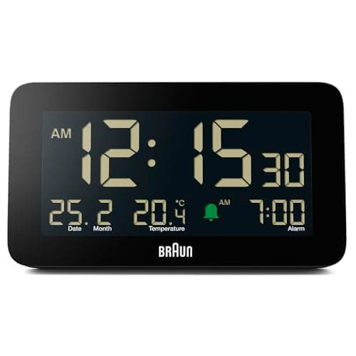 Image of Braun Digital Alarm Clock with Date, Month and Temperature Displayed, Negative LCD Display, Quick Set, Crescendo Beep Alarm in Black, model BC10B (1 Pack)