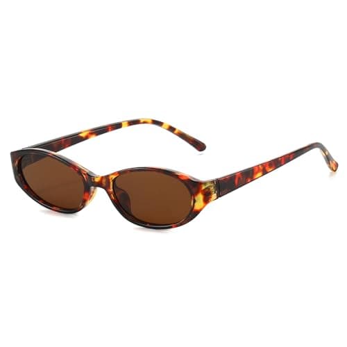 Image of LJCZKA Retro Oval Sunglasses for Women Men Small Oval Cat Eye Sunglasses 90s Vintage y2k Cateye Sun Glasses Trendy Narrow Chic Shades UV400 Protection (Leopard Brown)