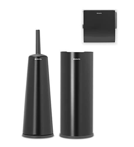 Image of Brabantia 3 Piece Toilet Accessory Set Toilet Brush & Holder, Toilet Roll Holder & Toilet Roll Dispenser (Drill/No Drill Wall Mounting) Matt Black
