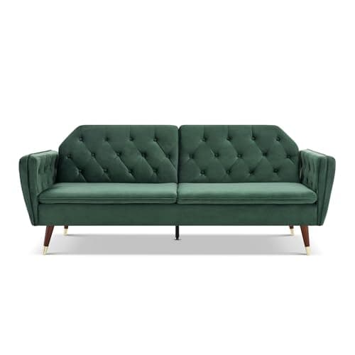 Image of Bravich 'Victoria' 3 Triple Seater Velvet Fabric Sofa Bed- Dark Green. Click Clack Mechanism Sofa Bed With Gold Accent Legs. Living Room Furniture For Adult Guest Bed. Comfy Living Settee Couch Futon