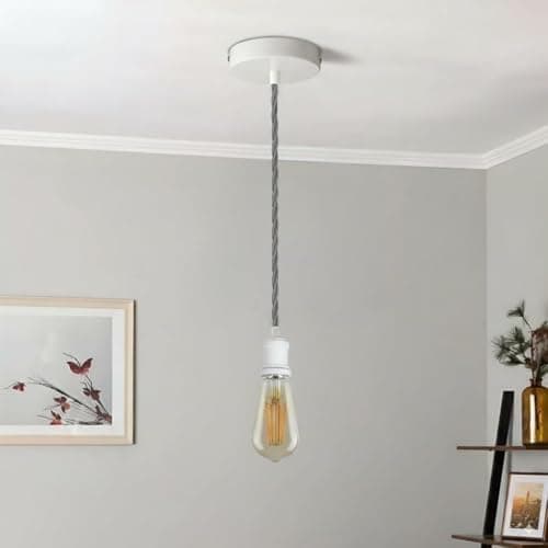 Image of LEDSone Vintage Industrial E27 Pendant Light – White Ceiling Rose with Grey Twisted Braided Cable, Adjustable Hanging Lamp Holder for Kitchen Island, Bar & Loft Lighting
