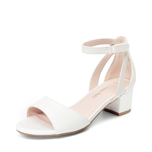 Image of DREAM PAIRS Girls Sandals Chunky Pump Ankle Strap High Heels Dress Open Toe Flower Wedding Party for Little Big Kid,Size 2 Big Kid,White,KKUMHS2505