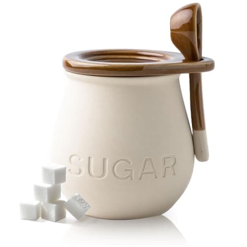 Image of MEETOZ Sugar Bowl Porcelain with Lid and Spoon, Kitchen Canisters Ceramic Food Storage Jar, Ceramic Sugar Canister, for Coffee Bar, Restaurant, Home, Kitchen