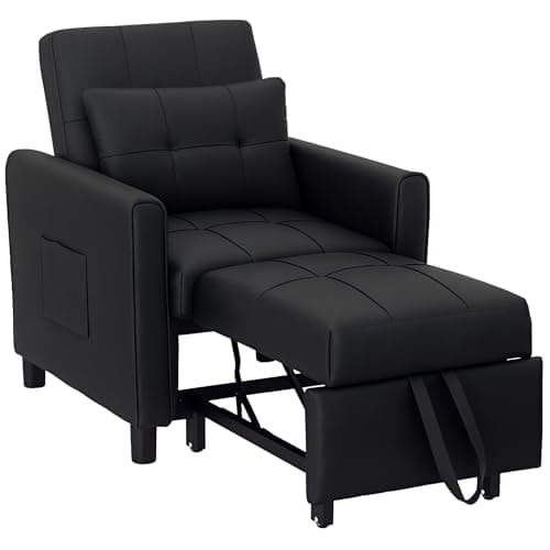 Image of HOMCOM Compact Single Chair Bed, Pull Out Bed, Convertible Sleeper Chair with Adjustable Backrest, Pillow, Side Pockets for Home Office, Bedroom, Living Room, Black