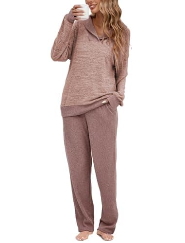 Image of Famulily Co Ord Sets for Women Casual Knitted Outfits Long Sleeve Pullover Top with Wide Leg Pants Pink L
