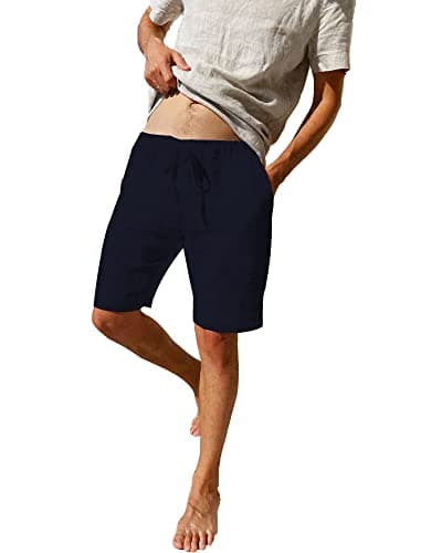 Image of LVCBL Men's Navy Cotton Linen Blend Shorts - Loose Fit Casual Beach Shorts with Drawstring and Pockets Navy M